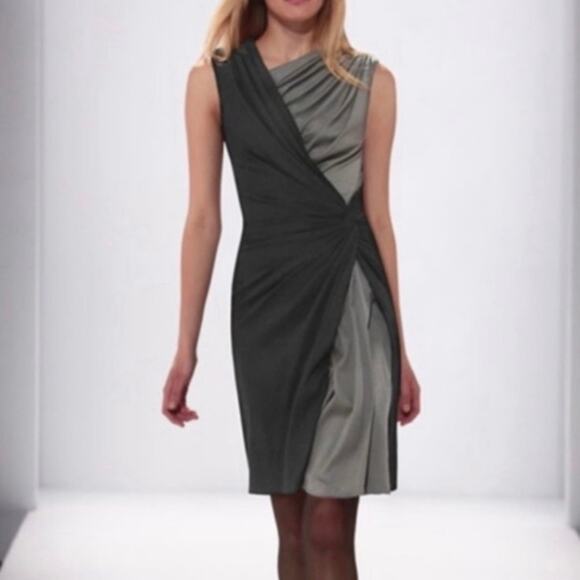 Tadashi Shoji Size 6 Silk Black and Gray Draped Wrap Dress - Picture 1 of 8